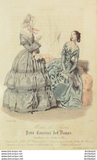 Gravure Mode Courrier des Dames 1843 # 1956 (eau forte old Fashion plate)