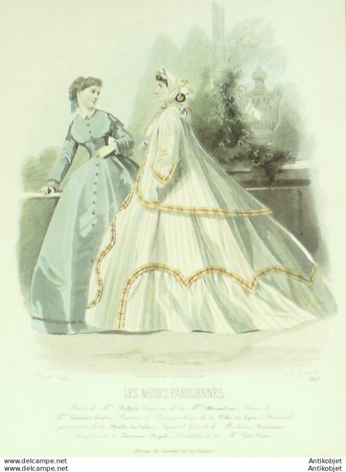 Gravure Les Modes Parisiennes 1864 #1162 Robes gros de Naples Maison Pieffort