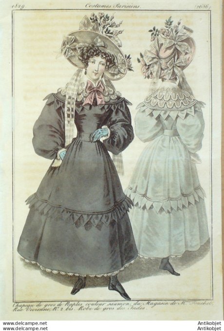 Gravure de mode Costume Parisien 1829 n°2686 Robe de gros des Indes