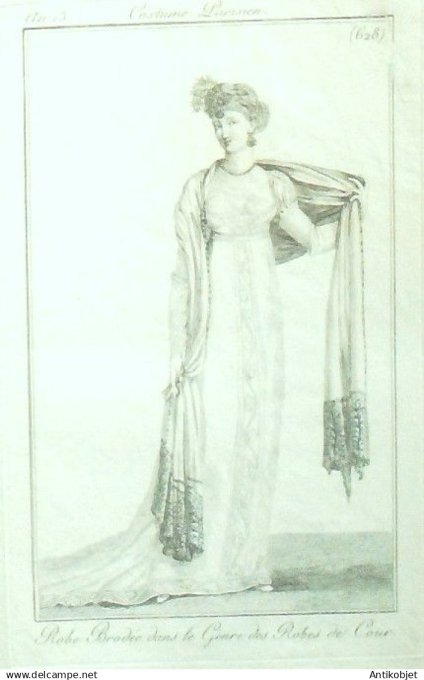 Costume Parisien 1805 an 13 # 628 (eau forte) Robe brodée