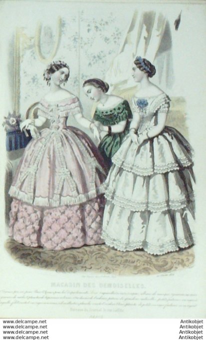 Gravure Mode Magasin Demoiselles 1854 #  2 (aquarellee Old Fashion plate)