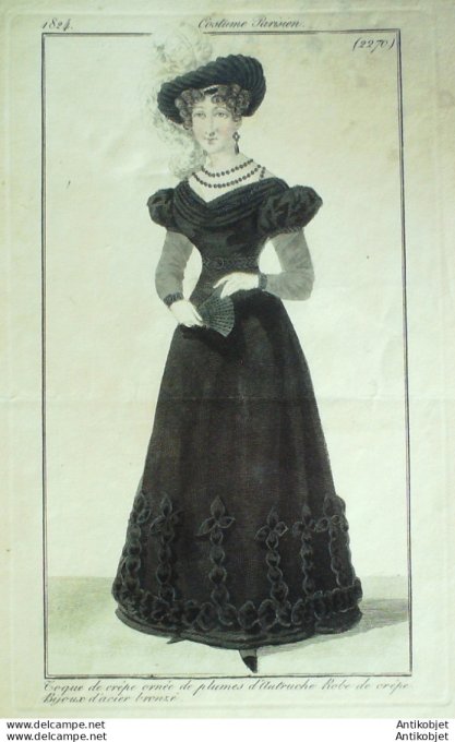 Gravure de mode Costume Parisien 1824 n°2270 Robe toque de crêpe plumes d'autruche