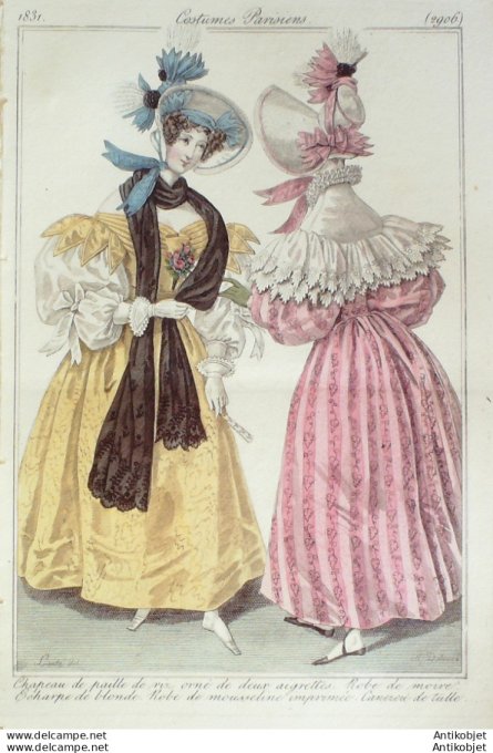 Gravure de mode Costume Parisien 1831 n°2906 Robes de moire & mousseline