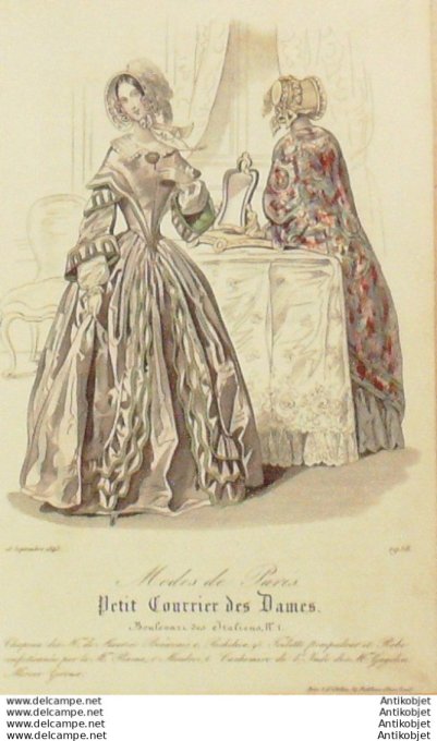 Gravure Mode Courrier des Dames 1843 # 1958 (eau forte old Fashion plate)