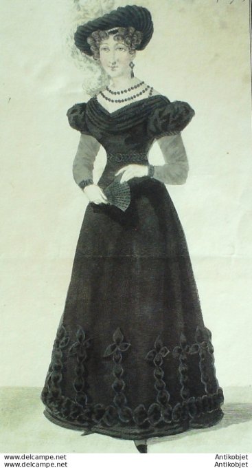 Gravure de mode Costume Parisien 1824 n°2270 Robe toque de crêpe plumes d'autruche