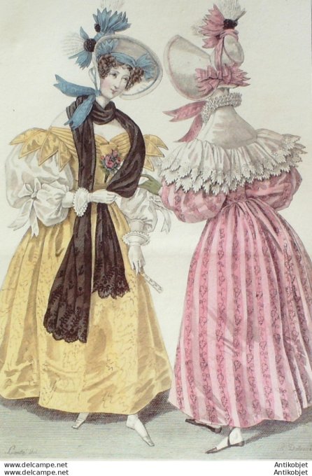 Gravure de mode Costume Parisien 1831 n°2906 Robes de moire & mousseline