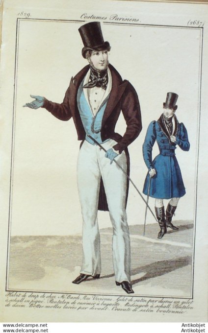 Gravure de mode Costume Parisien 1829 n°2687 Habit de drap homme  gilet de satin