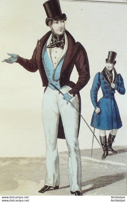 Gravure de mode Costume Parisien 1829 n°2687 Habit de drap homme  gilet de satin