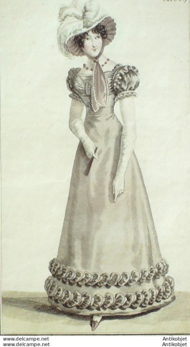 Gravure de mode Costume Parisien 1822 n°2100c Robe barèges  chapeau de gaze