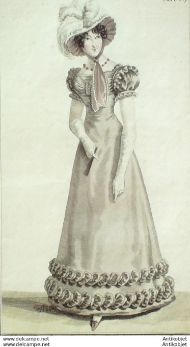 Costume Parisien 1822 # 2100c Robe barèges  chapeau de gaze