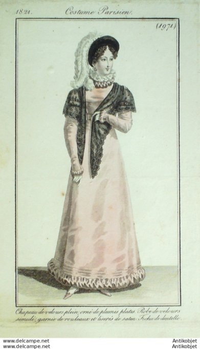 Gravure de mode Costume Parisien 1821 n°1971 Robe velours simulé de rouleaux