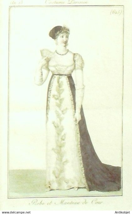 Costume Parisien 1805 an 13 # 625 (eau forte) Robe et manteau de cour