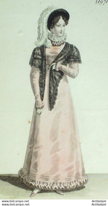 Gravure de mode Costume Parisien 1821 n°1971 Robe velours simulé de rouleaux