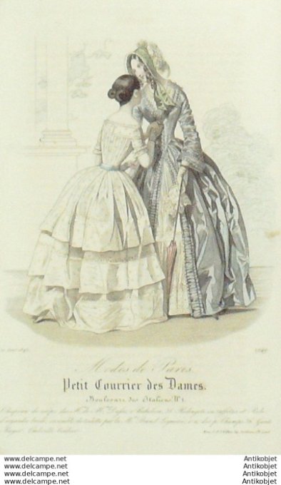 Gravure Mode Courrier des Dames 1843 # 1949 (eau forte old Fashion plate)
