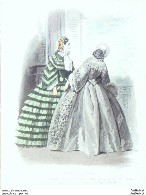Gravure Les Modes Parisiennes 1856 # 749 Robes mousseline volans et voile