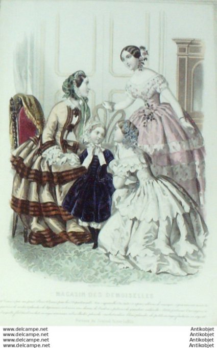 Gravure Mode Magasin Demoiselles 1854 #  1 (aquarellee Old Fashion plate)