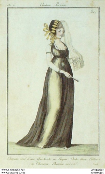Gravure de mode Costume Parisien 1798 n° 54 (An 6) Chemise guirlande en coques