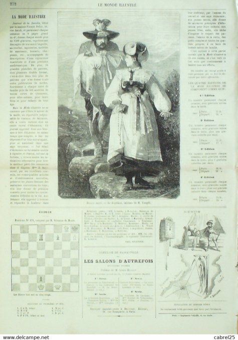 Gravure La mode 1835 n°426 Robes de satin broché garnies de rubans