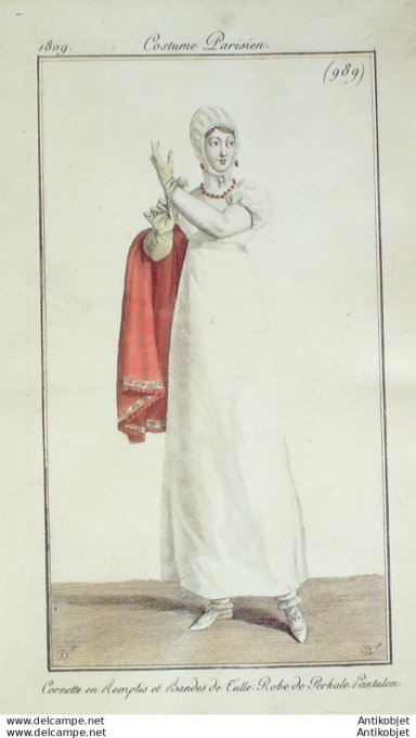 Gravure de mode Costume Parisien 1809 n° 989 Robe Perkale pantalon