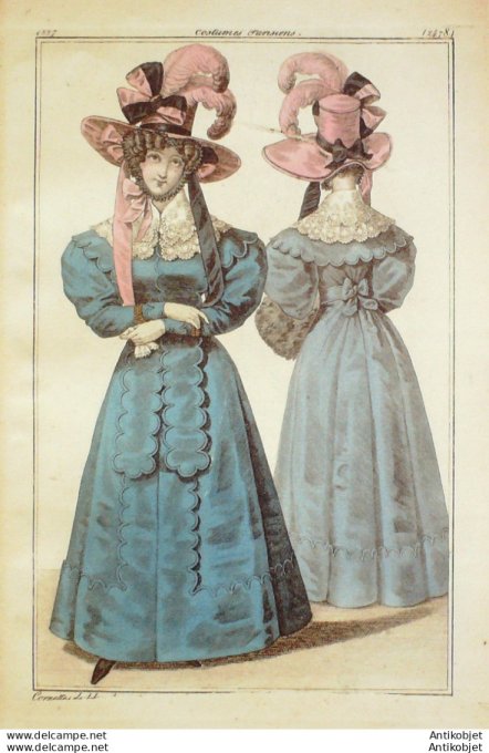 Gravure de mode Costume Parisien 1827 n°2478 Redingotes Gros de Naples