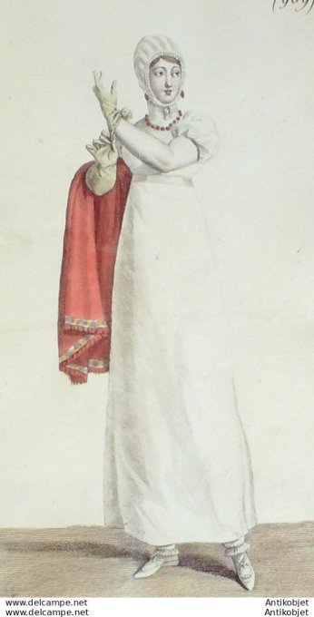 Gravure de mode Costume Parisien 1809 n° 989 Robe Perkale pantalon