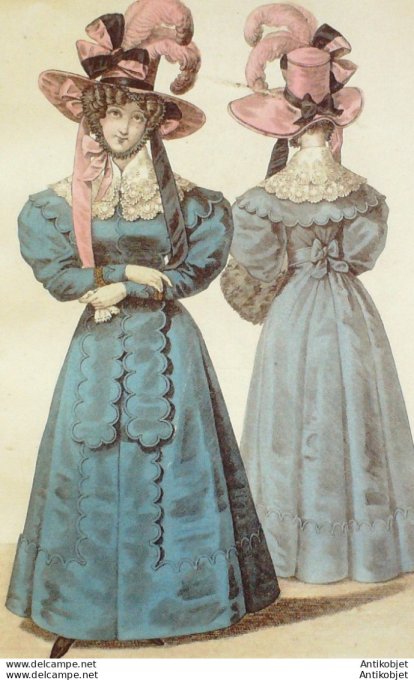 Gravure de mode Costume Parisien 1827 n°2478 Redingotes Gros de Naples