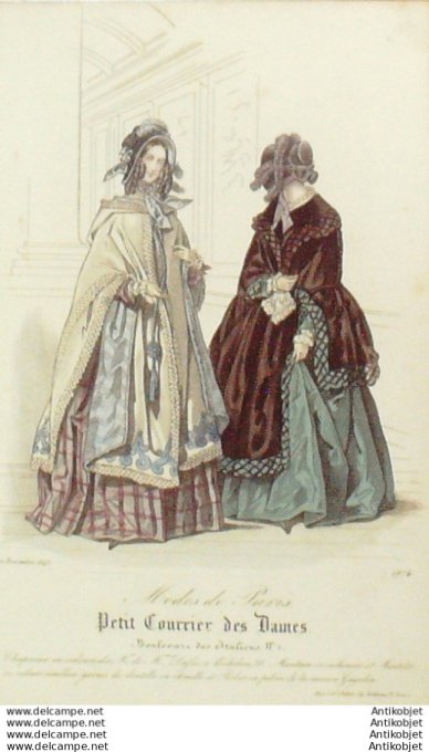 Gravure Mode Courrier des Dames 1843 # 1974 (eau forte old Fashion plate)