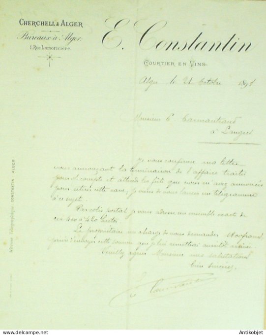 Facture E.Constantin (courtier en vins) 1893 à Alger