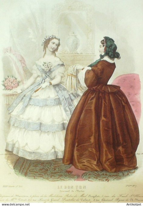 Gravure Mode Le Bon Ton 1857 23 #  7 (aquarelle old fashion plate)