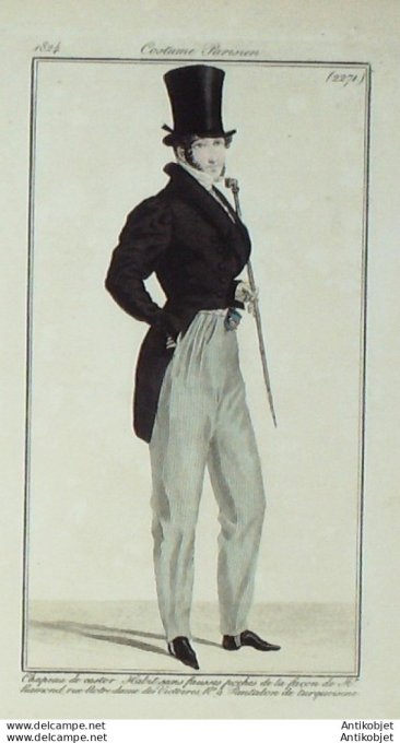 Gravure de mode Costume Parisien 1824 n°2271 Habit homme pantalon turquoisine
