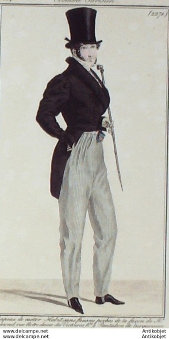 Gravure de mode Costume Parisien 1824 n°2271 Habit homme pantalon turquoisine