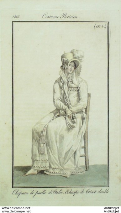 Gravure de mode Costume Parisien 1815 n°1502 Chapeau de paille d'italie Echarpe