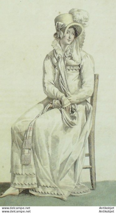 Costume Parisien 1815 # 1502 Chapeau de paille d'italie Echarpe