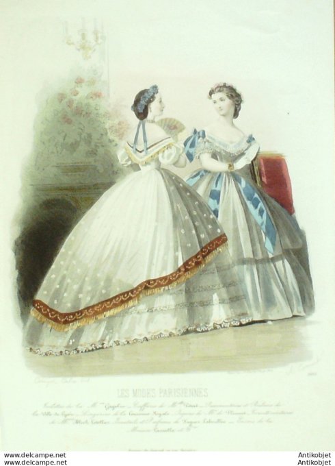 Gravure Les Modes Parisiennes 1862 #1015 Robes en Tulle Maison Gagelin