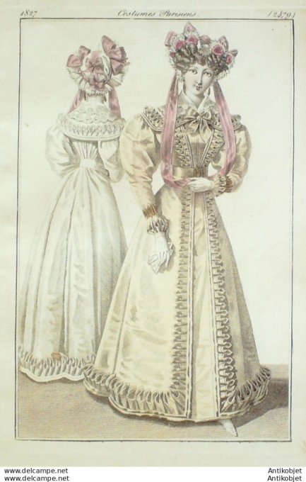 Gravure de mode Costume Parisien 1827 n°2479 Redingotes de crêpe & taffetas