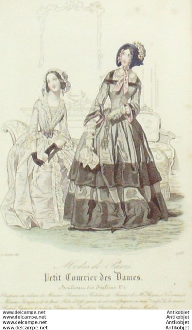 Gravure Mode Courrier des Dames 1843 # 1965 (eau forte old Fashion plate)