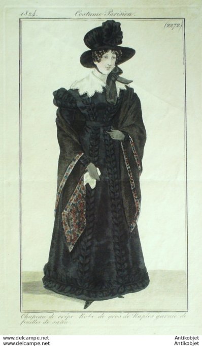 Gravure de mode Costume Parisien 1824 n°2272  Robe gros de Naples feuilles de satin