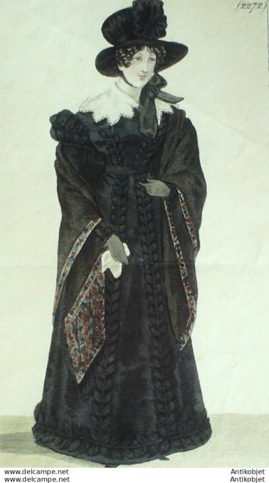 Costume Parisien 1824 # 2272  Robe gros de Naples feuilles de satin