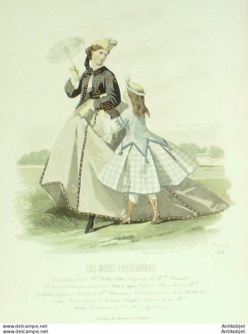Gravure Les Modes Parisiennes 1864 #1164 Robes lin & Vichy Maison Leclère-Collot