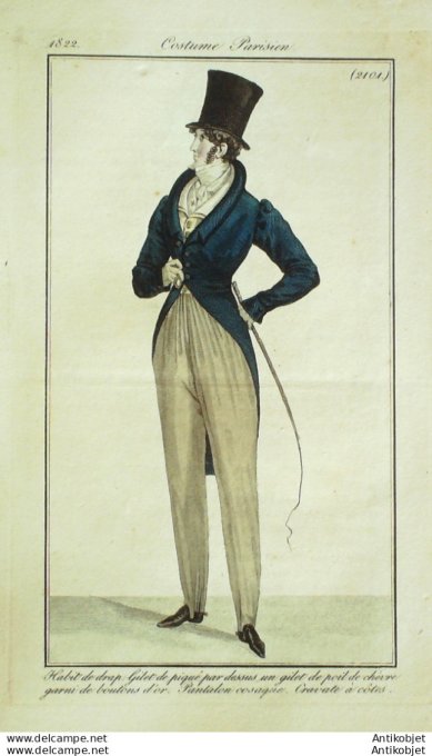Gravure de mode Costume Parisien 1822 n°2101 Habit de drap homme gilet
