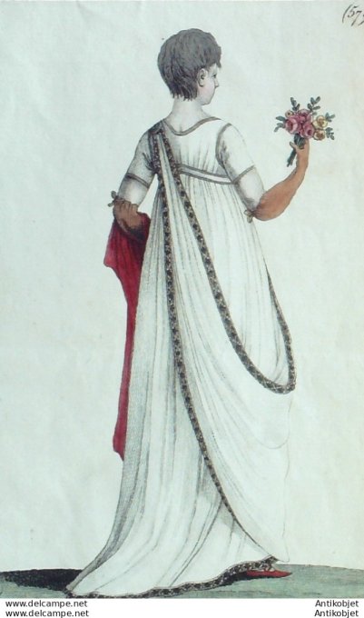 Gravure de mode Costume Parisien 1798 n° 57 (An 6) Cheveux à la Fitus  écharpe