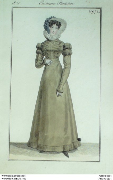 Gravure de mode Costume Parisien 1821 n°1972 Robe de Mérinos  garnie d'une frange