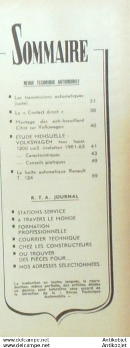 R.T Automobile Volkswagen 1200cm3 Renault T124 anti brouillard Ciblé 200 # 1962