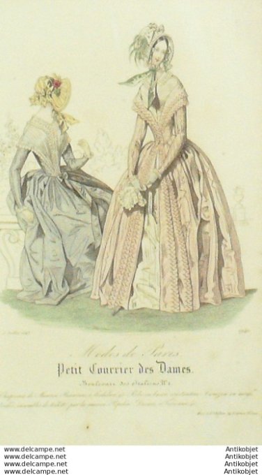Gravure Mode Courrier des Dames 1843 # 1940 (eau forte old Fashion plate)