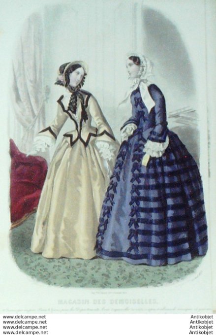 Gravure Mode Magasin Demoiselles 1853 #  4 (aquarellee Old Fashion plate)