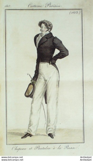 Gravure de mode Costume Parisien 1817 n°1668 Pantalon homme à la Russe