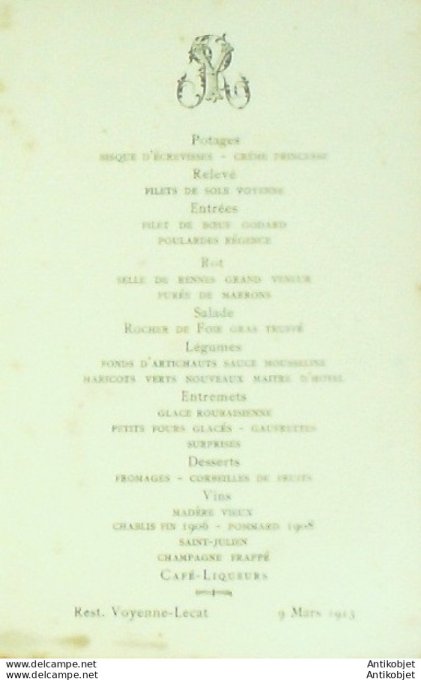 Menu illustré Restaurant Voyenne-Lecat (01) 1913