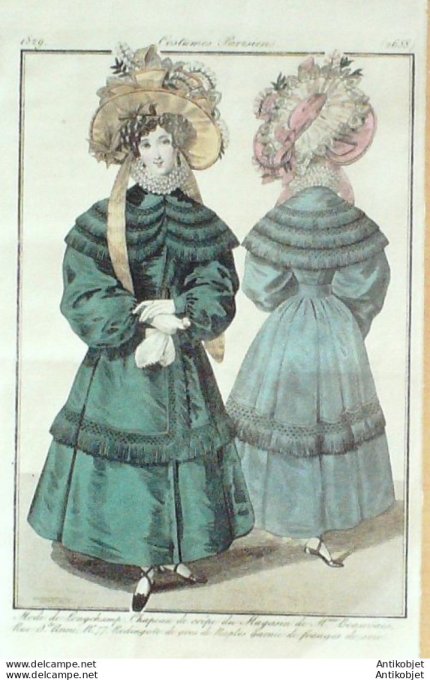 Gravure de mode Costume Parisien 1829 n°2688 Redingote de gros de Naples franges
