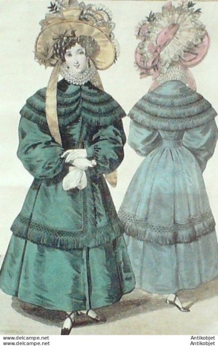 Gravure de mode Costume Parisien 1829 n°2688 Redingote de gros de Naples franges