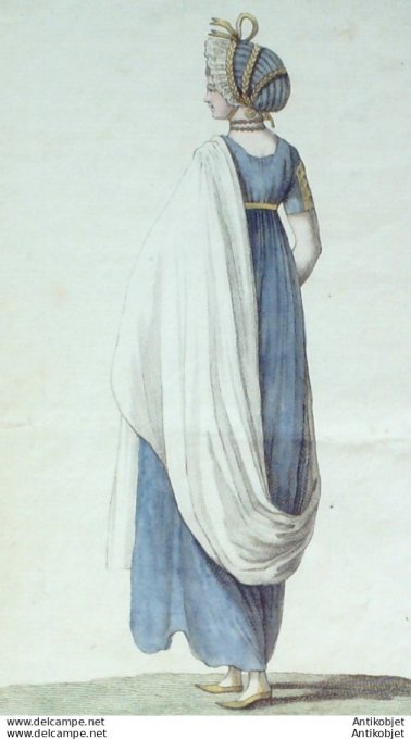 Gravure de mode Costume Parisien 1798 n° 58 (An 6) Capote mattée Shall